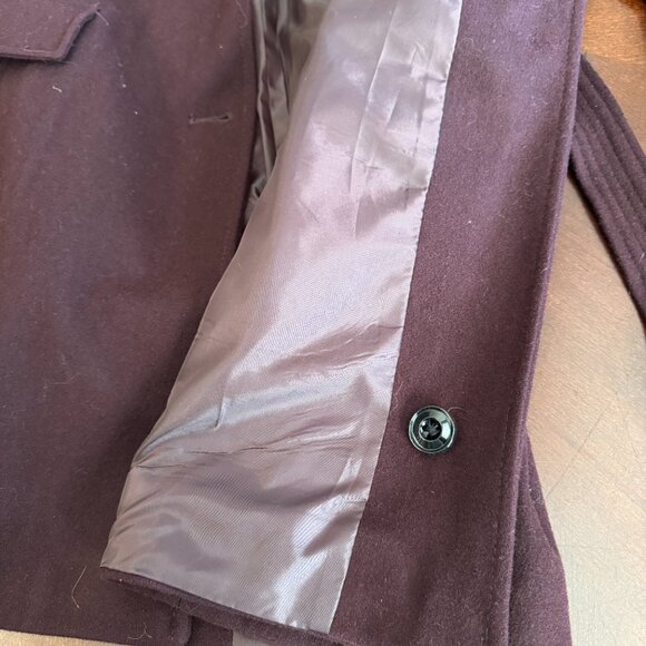 London Fog Wool Coat Burgandy with hood, belt and pockets for women size L - Picture 13 of 15